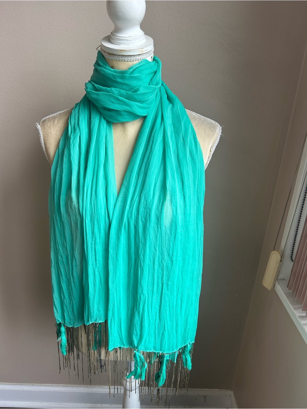 New Women’s Green Scarf With Metal Fringes 5001